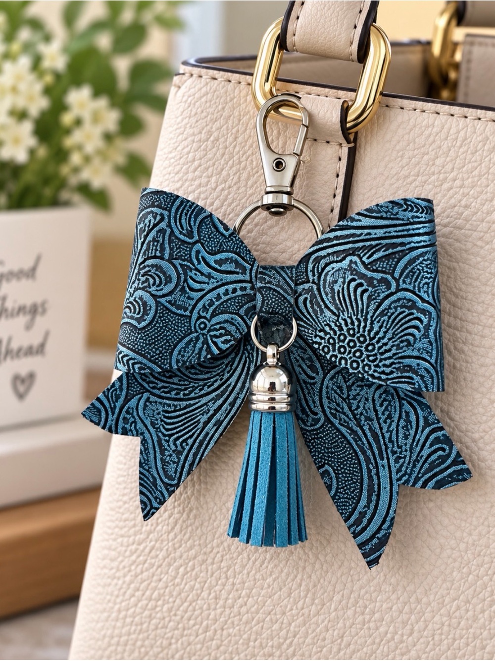 Blue Faux Leather Embossed Bow Bag Charm Key Chain